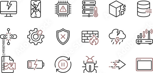 Collection of line icons representing various technical problems, errors, and system failures.