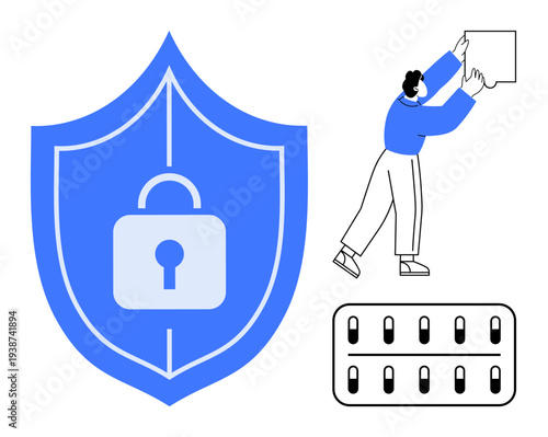 Data security concept. Shield with a lock encryption and safety. Data security enhances information protection and integrity. For digital safety, privacy, and online storage solutions