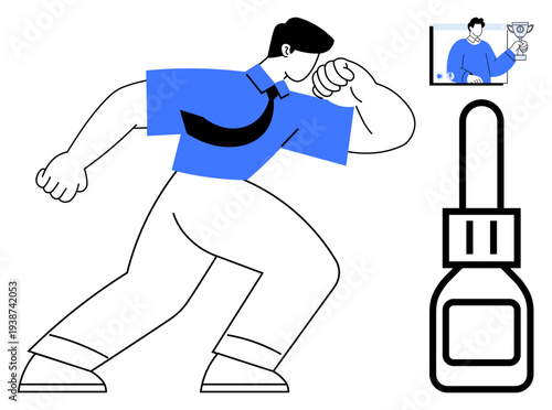 Businessman in action with a digital communication interface and abstract large bottle, emphasizing strength, innovation, e-learning, team collaboration, workplace creativity. Ideal for business