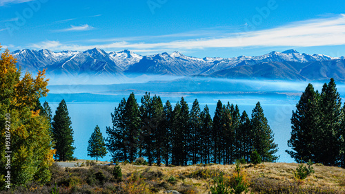 Fotografia Pine Trees and Snow-Capped Mountains Overlooking Lake Pukaki