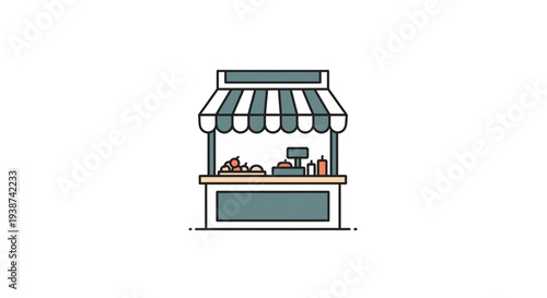 Street Food Stall Icon: Fast Food Cart with Awning, Cash Register, and Condiments