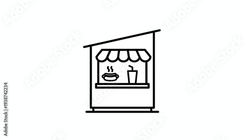 Street Food Stall Icon: Hot Dog and Drink, Simple Line Art for Food Service and Takeaway
