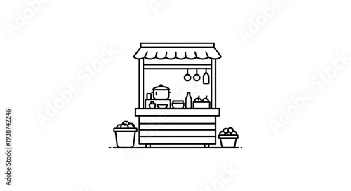 Street Food Stall Icon: Simple Line Art of a Vendor Cart with Pots and Baskets