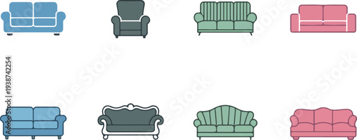 Colorful sofa and couch furniture collection for home interior living room design vector illustration set