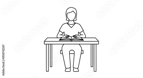 Student sitting at desk reading book, education concept, simple line drawing
