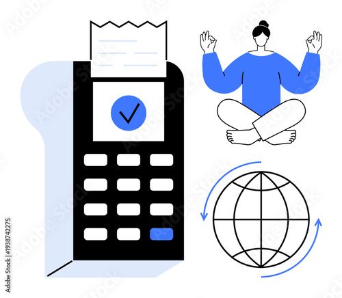 Financial transactions, mindfulness, global commerce, digital receipts, stress management, payment systems. A receipt and card machine, a meditating individual globe with arrows. Financial