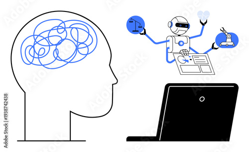 Artificial intelligence, robotics, human-computer interaction, automation, innovation, mental processes. Human head with abstract brain, robot multitasking with tools and laptop. Artificial