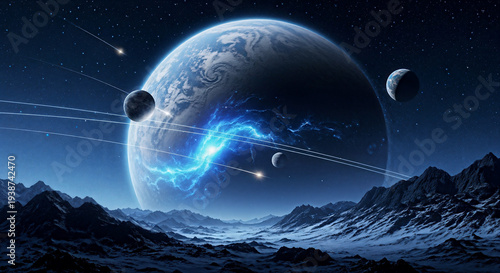 Epic Alien Planet Sci-Fi Landscape Moons Meteors Energy Storm Snowy Mountains