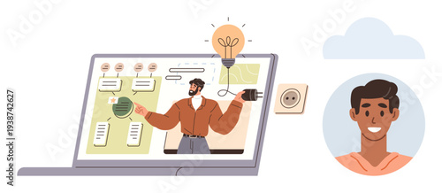 Online learning, innovative ideas, virtual presentations, remote teamwork, online courses, creative thinking. A man on a laptop screen presenting ideas with a lightbulb and user profile image. Online