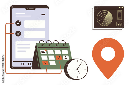 Time management, scheduling, location tracking, productivity tools, planning solutions, organizational systems. Smartphone with checklist, calendar clock GPS pin and radar map. Time management