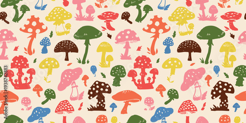 Seamless Mushroom Pattern, Cute Woodland Fungi Illustration in Colorful Hand-Drawn Style