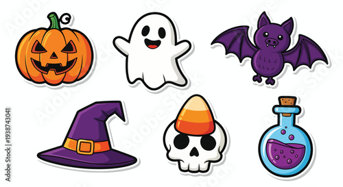 Playful Halloween sticker set with jack-o'-lantern, smiling ghost, purple bat, witch hat, skull, candy corn, and bubbling potion—colorful cartoon icons ideal for party decor and spooky designs.