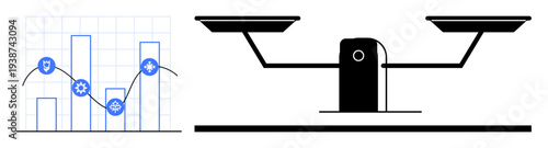 Data analysis, decision-making, performance metrics, business modeling, data visualization, equilibrium. Bar chart with icons and a balance scale side by side. Data analysis and decision-making