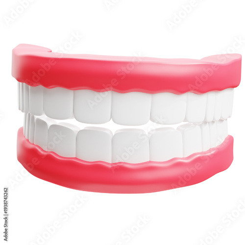 Realistic 3D rendering of a healthy human denture set, showcasing clean white teeth and pink gums for dental health concepts and oral hygiene education