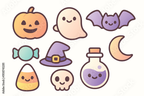 A charming set of cute pastel Halloween icons featuring a jack-o'-lantern, ghost, bat, candy, witch hat, candy corn, skull and potion bottle — ideal for kids’ projects, stickers and seasonal design.
