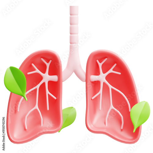 3D illustration of healthy human lungs with green leaves, symbolizing clean air, optimal respiratory health, and natural protection. A medical concept depicting vital well-being