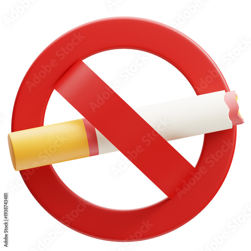 Vibrant 3D rendered no smoking symbol, featuring a glossy red prohibition sign over a white cigarette, visually communicating health awareness and a smoke-free environment