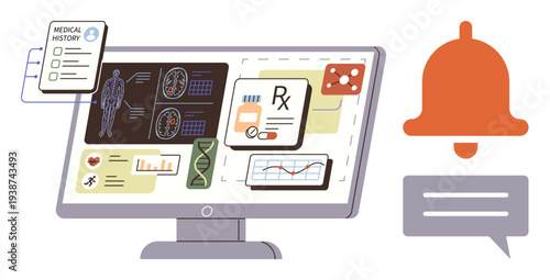 Telemedicine, patient management, data visualization, health tracking, diagnosis alerts, technology integration. A monitor displays medical records, Rx details and analysis. Telemedicine and patient