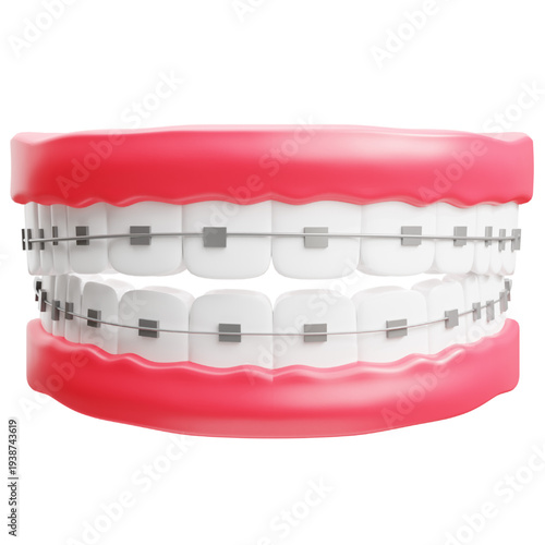 Close-up 3D illustration of human teeth with metal braces, showcasing dental alignment and oral care in a clean, bright studio setting