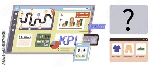 Business analysis, key performance indicators, e-commerce, data visualization, strategy planning, goal tracking. A dashboard showcases KPIs, graphs sales and product analytics. Business analysis