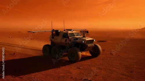 A rover vehicle traverses the red dusty surface of Mars, exploring the alien planet's terrain under a reddish sky