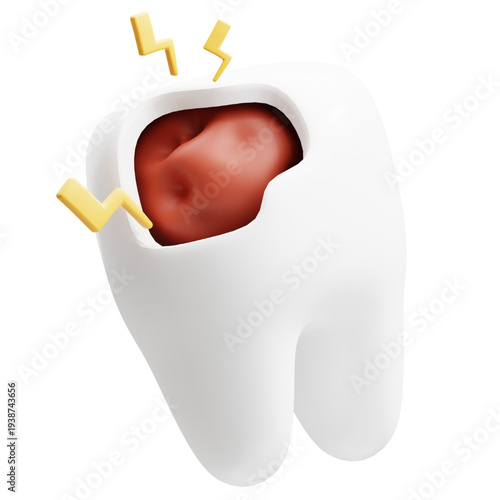 An impactful 3D rendering of a painful tooth, showcasing an inflamed cavity and warning lightning bolts, symbolizing acute dental distress and urgent need for care
