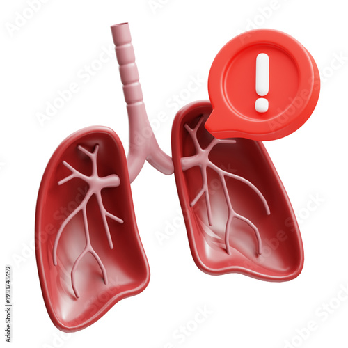Conceptual 3D rendering of human lungs highlighting a critical health warning, symbolizing respiratory issues, lung disease, or medical alert for pulmonary health awareness