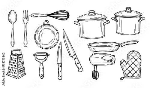 Hand Drawn Kitchen Tools Doodle Set, Cooking Utensils Sketch Collection Vector Illustration