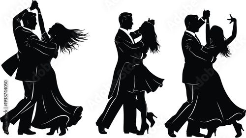 Elegant ballroom dancing couple silhouettes set isolated on white background, romantic tango waltz partners in motion, wedding love dance illustration collection black vector style