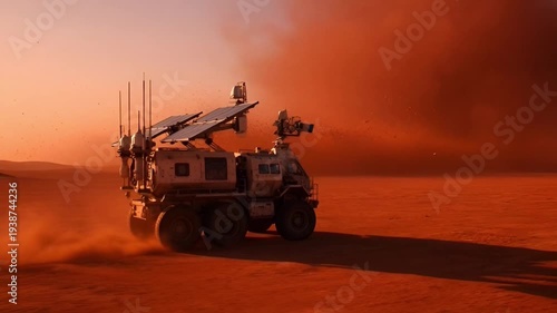 Mars rover exploring a dusty red planet landscape with solar panels and cameras, an advanced extraterrestrial exploration vehicle
