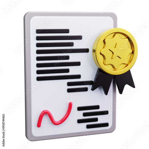 3D rendering of an official document symbolizing successful completion, approved quality, and significant achievement, adorned with a prestigious golden award medal