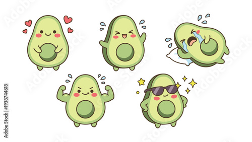 Five Cute Kawaii Cartoon Avocado Characters With Emotions