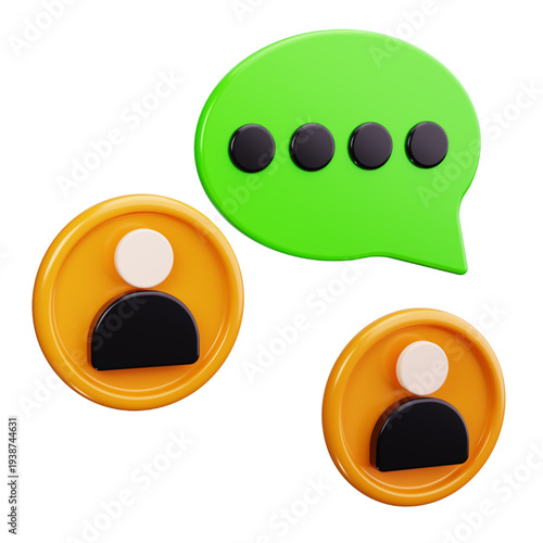 Dynamic 3D illustration portraying digital communication with user profile icons and a vibrant chat bubble, symbolizing online social interaction, messaging, and virtual connection