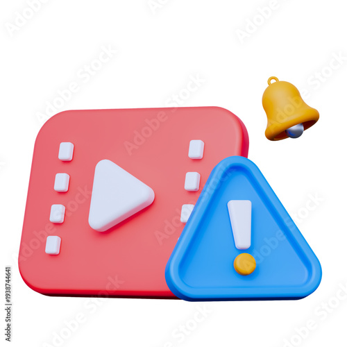 3D illustration of a video player, warning triangle, and notification bell. Represents content schedule alerts, platform issues, and crucial digital media updates