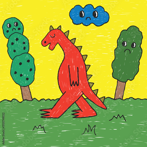 kids drawing dinosaur children cartoon crayon illustration