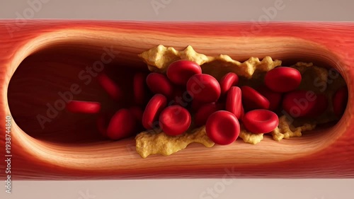 Medical illustration of a cross-section of a blocked artery with red blood cells and plaque buildup