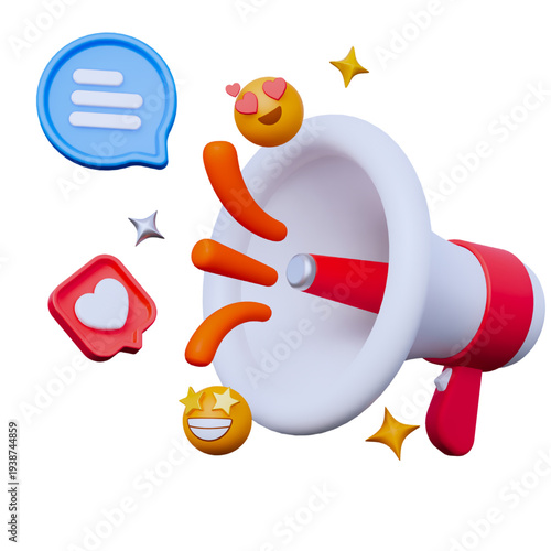 3D illustration of a megaphone with social media icons, including a chat bubble, heart, and emojis, symbolizing communication and engagement