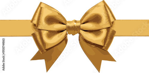 Elegant golden gift bow ribbon decoration isolated on transparent background, luxury festive ornament for birthday, wedding, holiday packaging design illustration