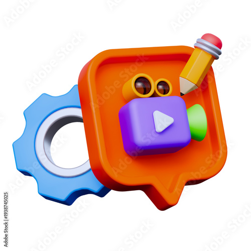 3D icon concept for video content creation, editing, and communication. Features a speech bubble, camera, pencil, and gear, symbolizing digital media production and setup