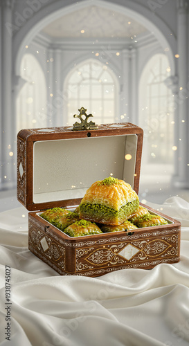 Ornate wooden box filled with pistachio baklava on white silk cloth in elegant room