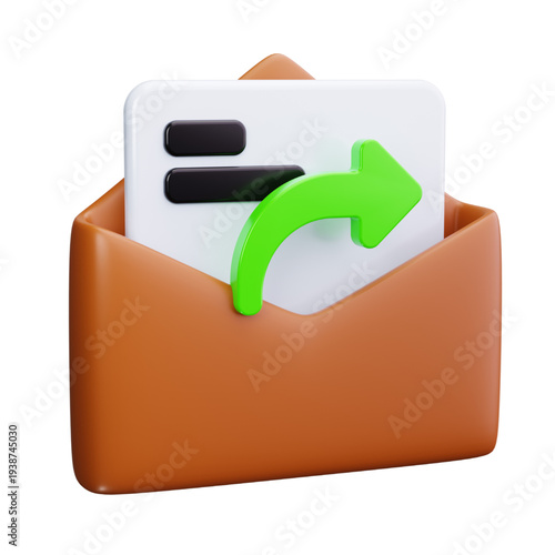 Dynamic 3D illustration of an open email envelope with a document and a green arrow, symbolizing efficient digital file sharing, message communication, and data transfer