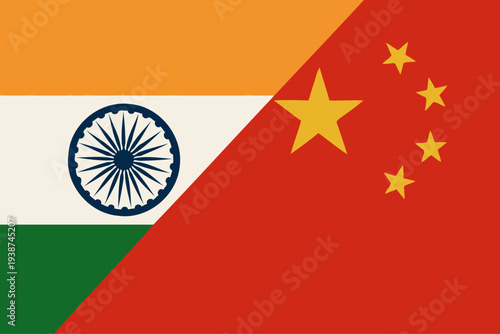India and China federal state Official Symbol Side by Side. National Flag Combination Image. Close Up Sign. Close-Up International Relations Concept Illustration
