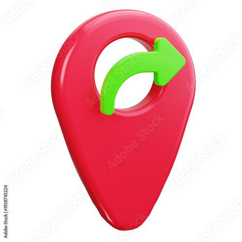 Vibrant 3D red location pin with a green share arrow, representing seamless data sharing, redirecting to new possibilities, or guiding towards valuable digital destinations and collaborative ventures