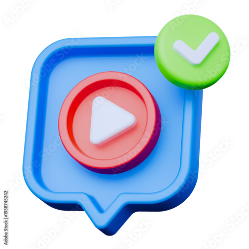 3D icon of a video play button within a blue speech bubble with a green checkmark, symbolizing successful video playback or notification