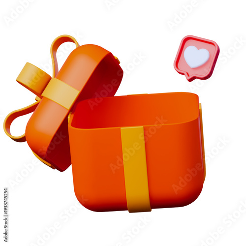 An open orange gift box with a yellow ribbon and a heart icon in a speech bubble, perfect for social media content and promotions