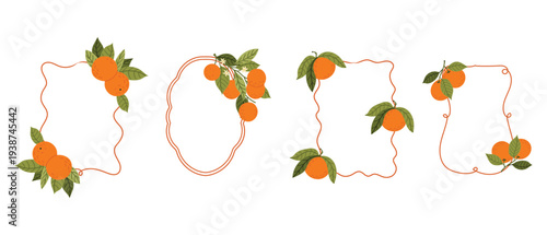 Orange fruit decorative frame with ripe citrus fruits and green leaves. Fresh botanical border template. Flat vector illustration isolated on white background.