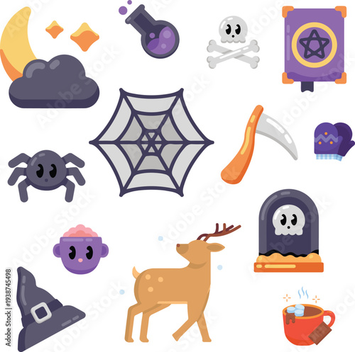 Cute Flat Halloween and Winter Icon Set, Set of Cute Flat Halloween and Winter Object Icons Vector Illustration