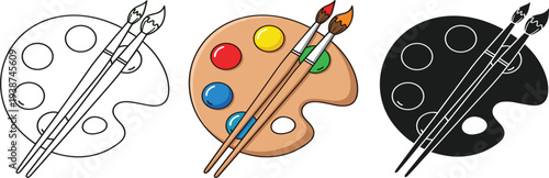 Artist Paint Palette with Brushes Icon Set in Outline, Colored, and Glyph Styles for Painting, Art Education, Creative Studio, and Design Projects
