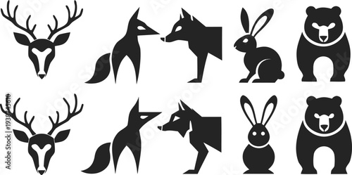 Arctic Animal Silhouette Collection with Polar Bear Penguin Seal Walrus and Arctic Fox Minimal Wildlife Vector Illustration Isolated on White Background