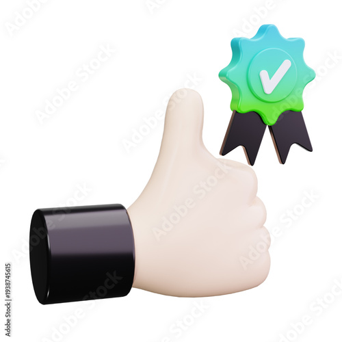 3D Thumbs Up Gesture with a Green Quality Badge and Checkmark, Symbolizing Approval and Excellence